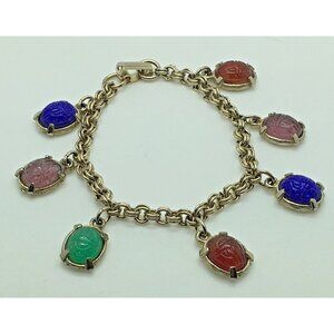 Carved Scarab Charm Bracelet  Gold Tone Egyptian Revival 5 3/4 “ vintage